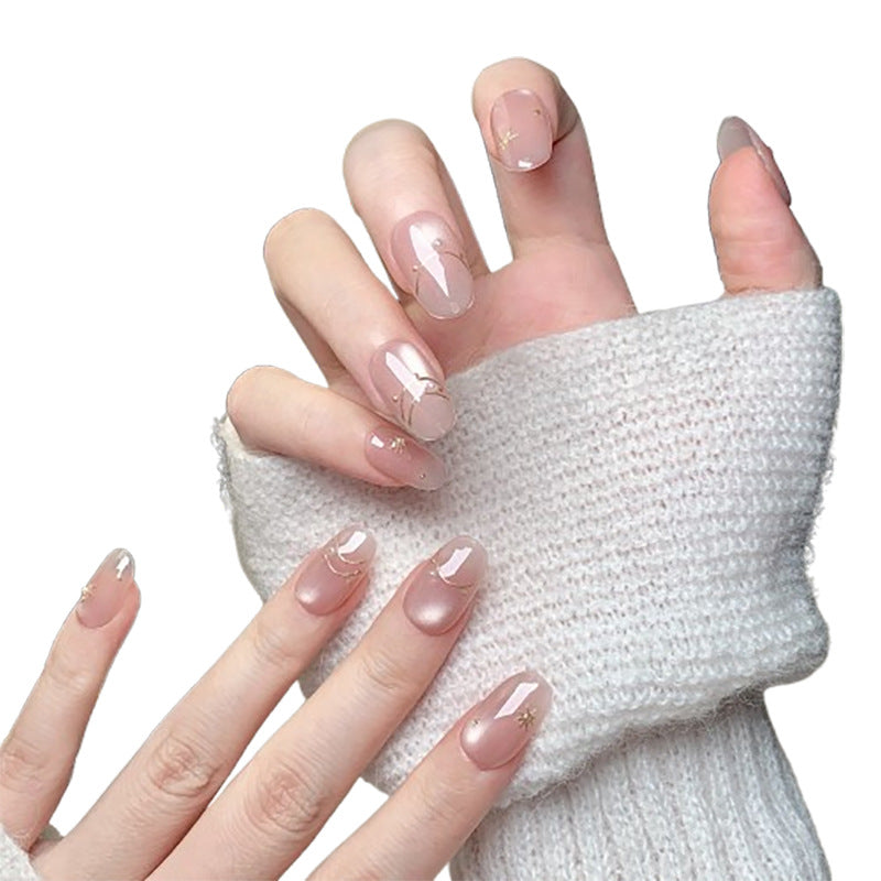 Nude Pink Cat Eye Press On Nails – Short Oval Minimalist Luxury Acrylic Nails with Gold French Tip & Pearl 140