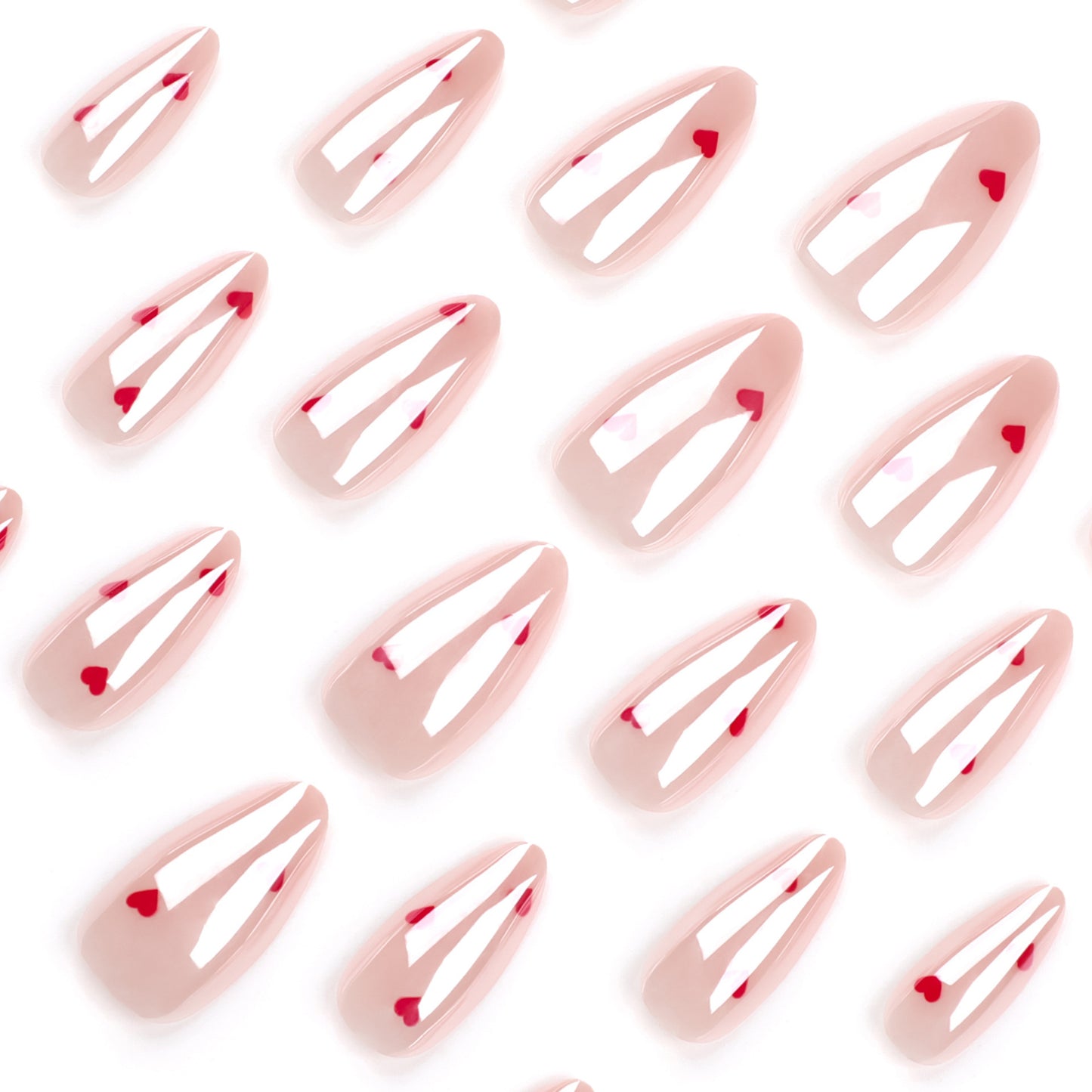 Glossy Nude Pink Press-On Nails Almond Heart Design Mirror Finish Reusable Glue On Fake Nails Cute Set 40