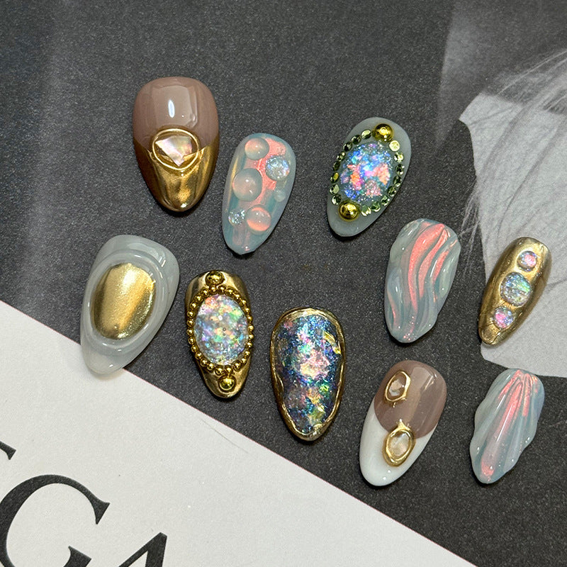 Vintage Opal Press On Nails | Oval Nails with Iridescent Opal Flakes, Antique Gold & Shell Details | Reusable Statement Nail Set 329