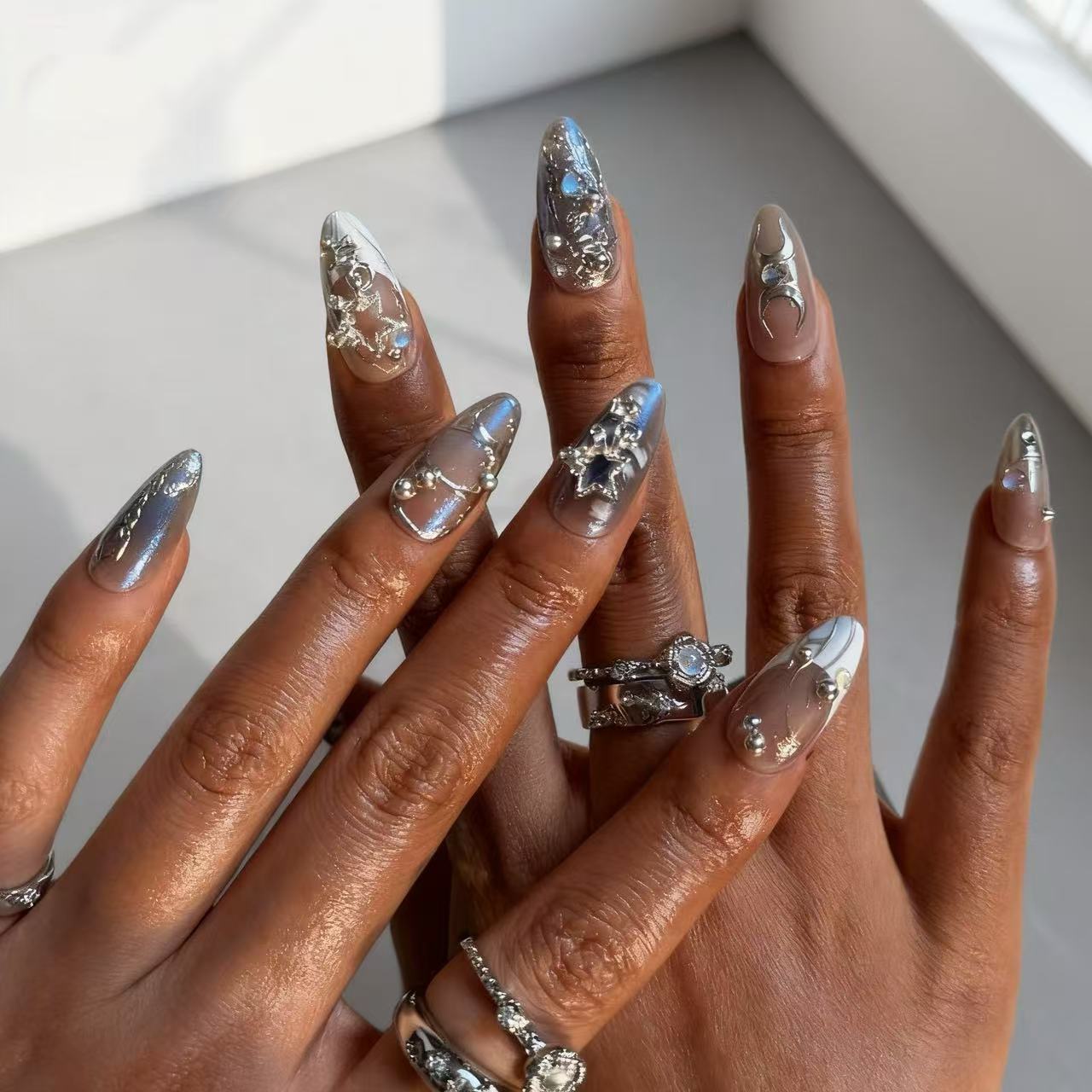 Press On Nails Blue Cat Eye Chrome Star Moon Y2K Nails Silver Chain Rhinestone Pearl Long Almond Glossy Fake Nails Reusable Edgy Aesthetic Cyber Nails for Women Party Festival 76