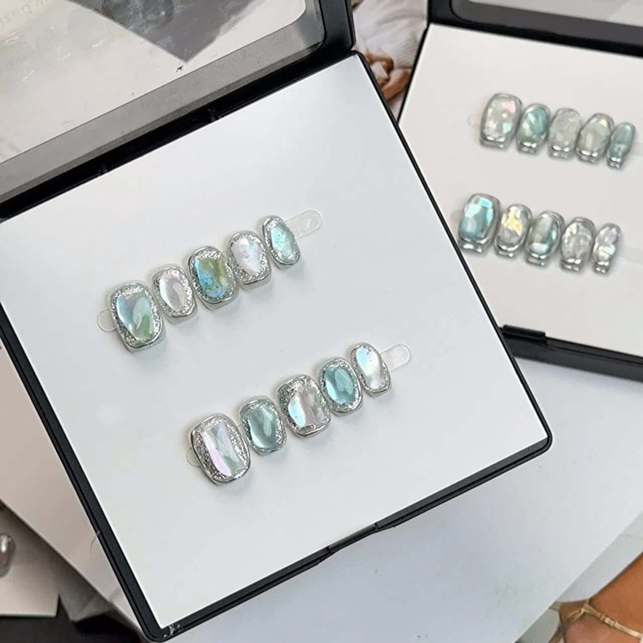 Mother of Pearl Press-On Nails – Iridescent Aurora Short Square Nails | Silver Glitter Edge Minimalist Reusable Nail Set 259