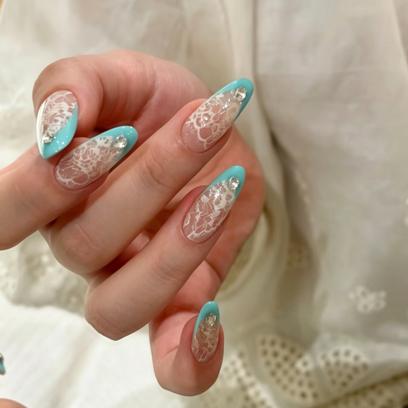 French Lace Press-On Nails – Nude Pink Almond Nails with White Lace Rose & Mint French Tip | Elegant Reusable Nail Set 288