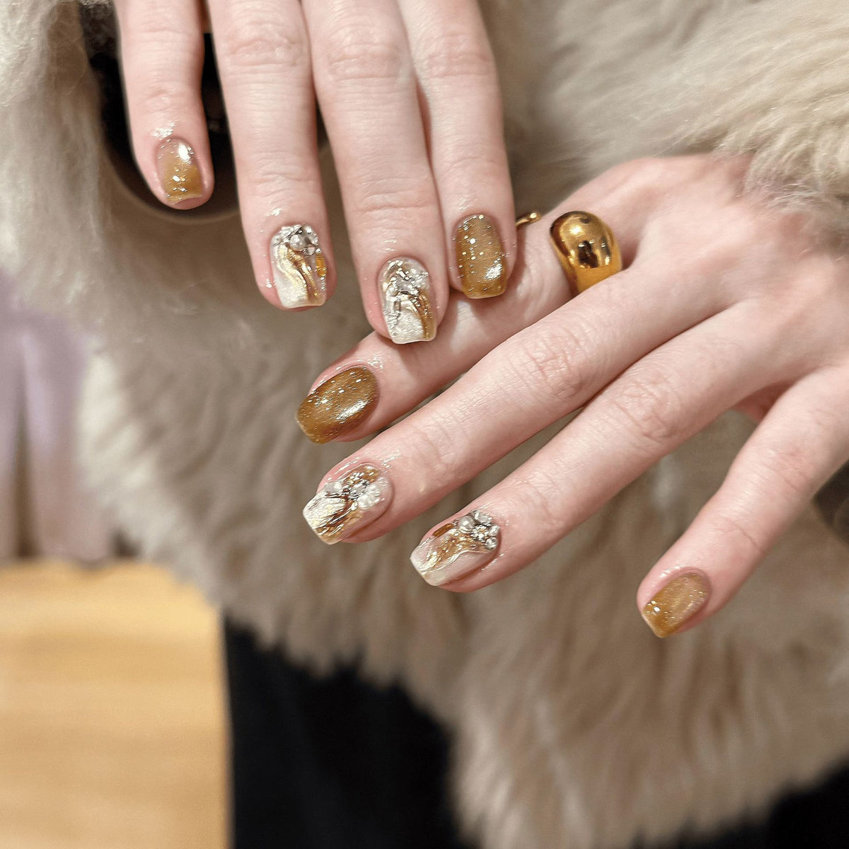 Amber Champagne Press-On Nails – Medium Squoval Nails with Marble Cat Eye, Rhinestone & Pearl Details | Old Money Reusable Nail Set 315