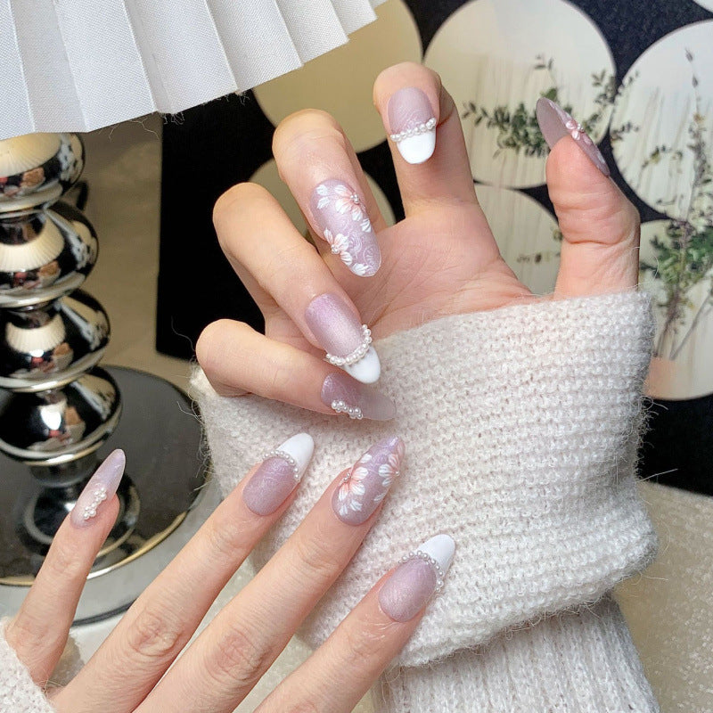 Gray Pearl French Press-On Nails – Floral Nude Oval Nails | Pearl Chain Detail Reusable Bridal Nail Set 267