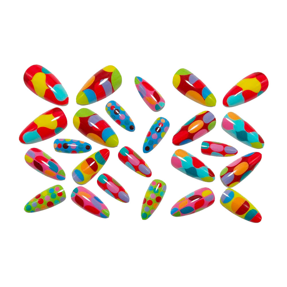 Bright Colors Dot Press-On Nails Almond Shape Reusable Glue On Fake Nails Colorful Summer Set 28