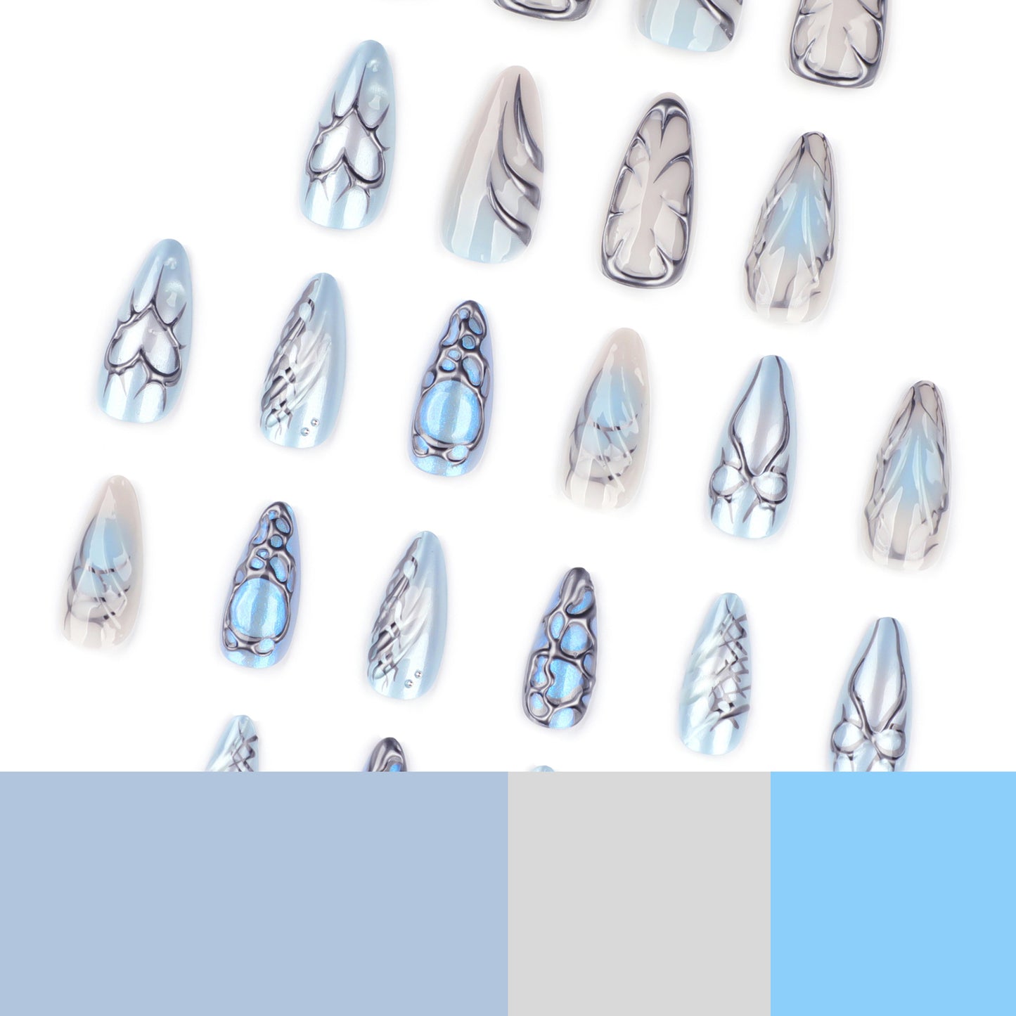Ice Blue Cat Eye Press On Nails with 3D Metallic Texture Chrome Spider Web Design Glossy Almond Shape Dark Futuristic Full Cover False Nails Kit Reusable 129
