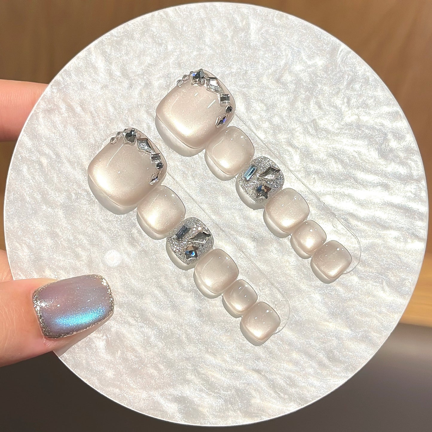 Elegant Nude Cat Eye Press On Nails – Short Square Nails with Rhinestone Accents & Reusable Full Cover for Everyday and Special Occasions 193