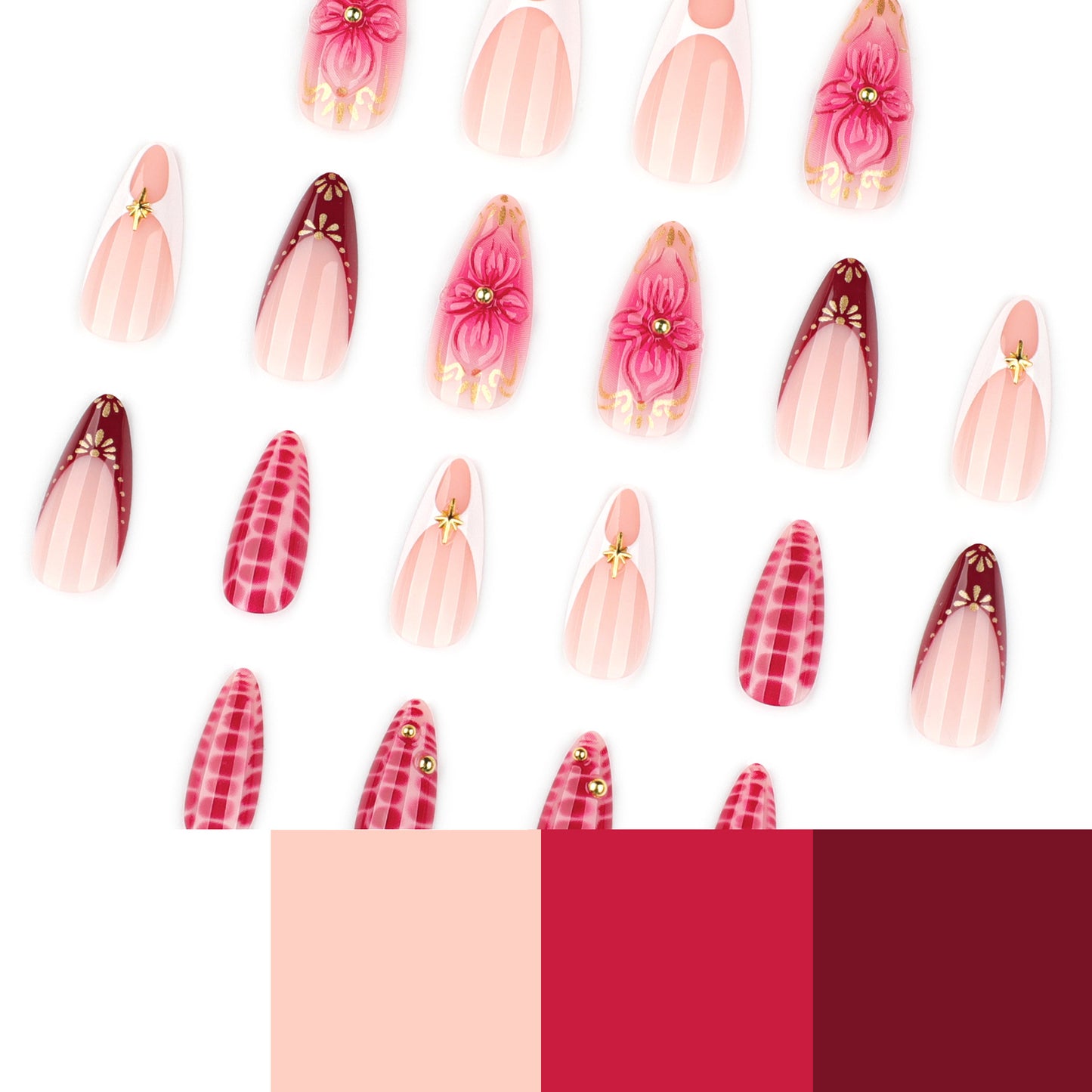 Nude Pink Press On Nails with Red Gold Floral French Tip Design Almond Shape Chinese Style Elegant Luxury Full Cover False Nails Kit Reusable 133