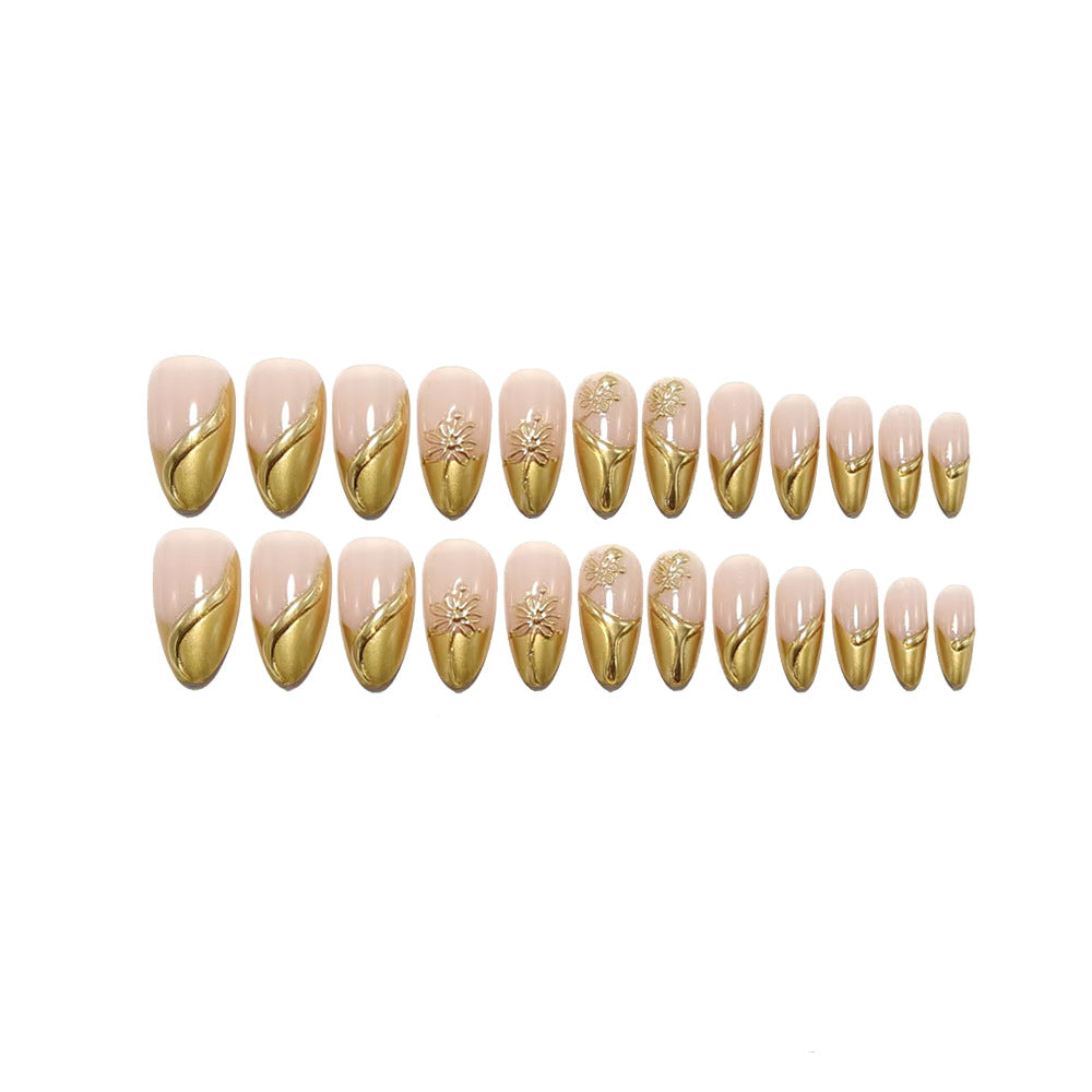 Nude Pink French Tip Press On Nails Gold Accent 3D Floral Almond Classy Bridal Reusable Nail Set 27