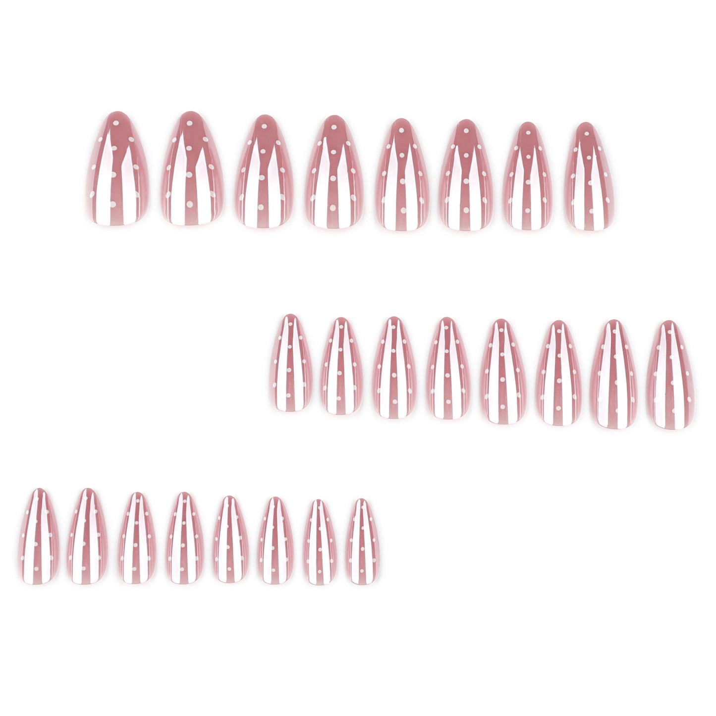 Dusty Pink Press On Nails with Polka Dots and Stripe Design Almond Shape Glossy French Cute Style Reusable Full Cover False Nails Kit Vintage Minimal Everyday Nails 93