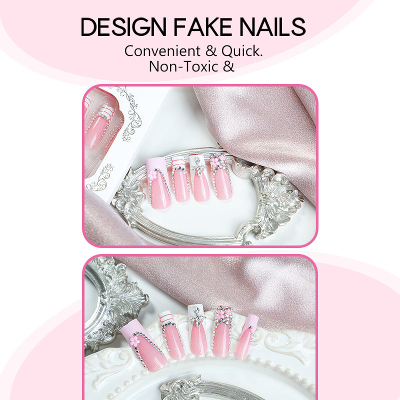 Press On Nails French Tip Nude Pink Rhinestone Star Flower Design Glossy Fake Nails Reusable Cute Luxury Nail Set 71