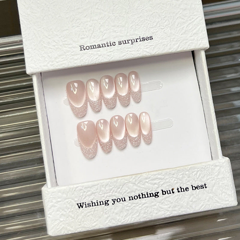 Pink Aurora Press-On Nails – Oval Sheer Jelly Nails with White Dot Detail | Glass Shimmer Minimal Reusable Nail Set 280