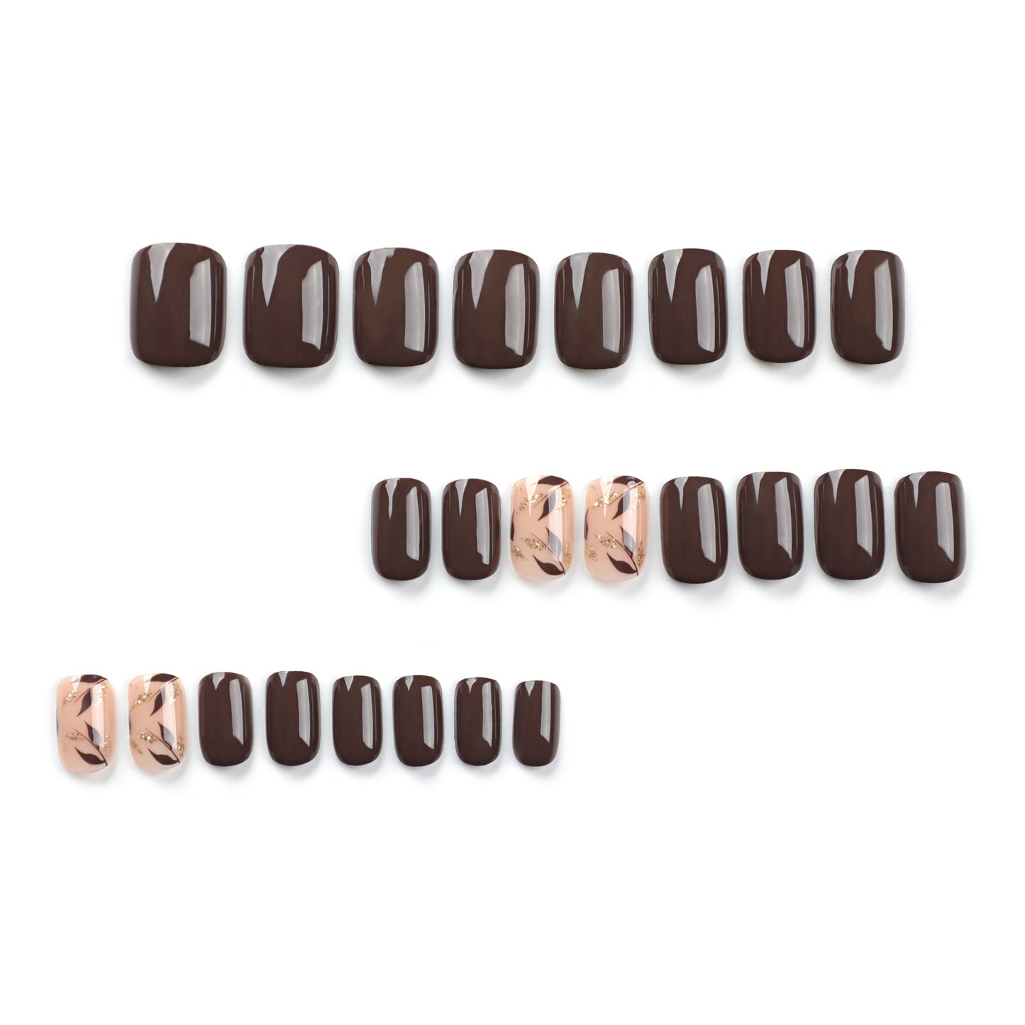 Brown Press On Nails with Leaf Design Nude Accent Glossy Short Squoval Shape Minimal Botanical Style Reusable Full Cover False Nails Kit Elegant Everyday Nails 105