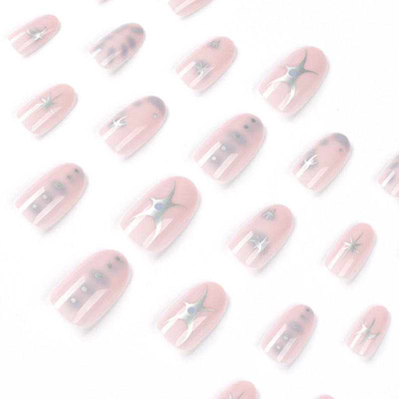 Nude Pink Press On Nails with Silver Star Studs Leopard Print Minimalist Glossy Short Almond Shape Reusable Full Cover False Nails Kit Cute Cool Everyday Natural Look 89