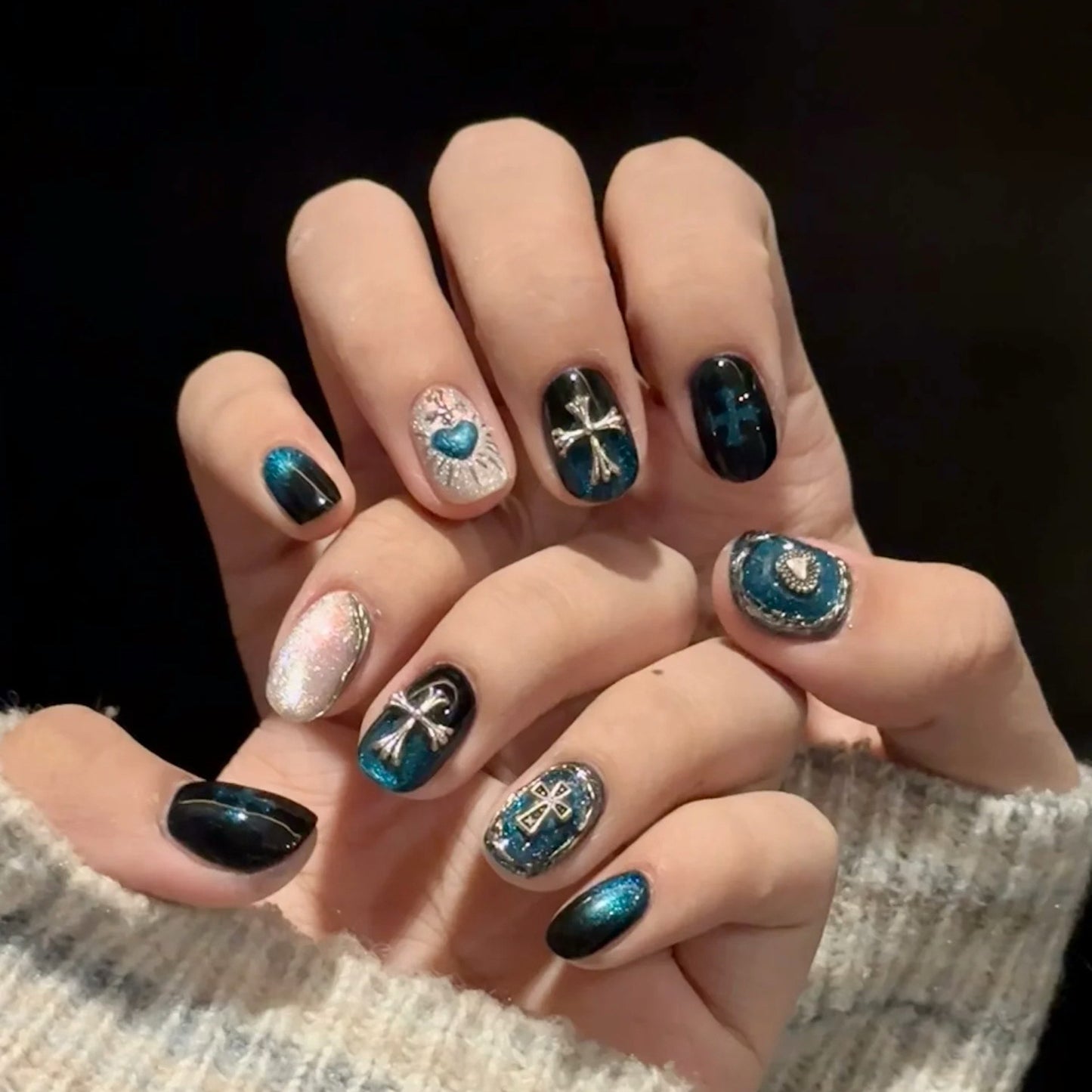 Dark Blue Green Cat Eye Press On Nails Short Oval – 3D Ring Effect Jewelry Nails with Silver Cross & Blue Heart Handmade Reusable Luxury Nail Set 218