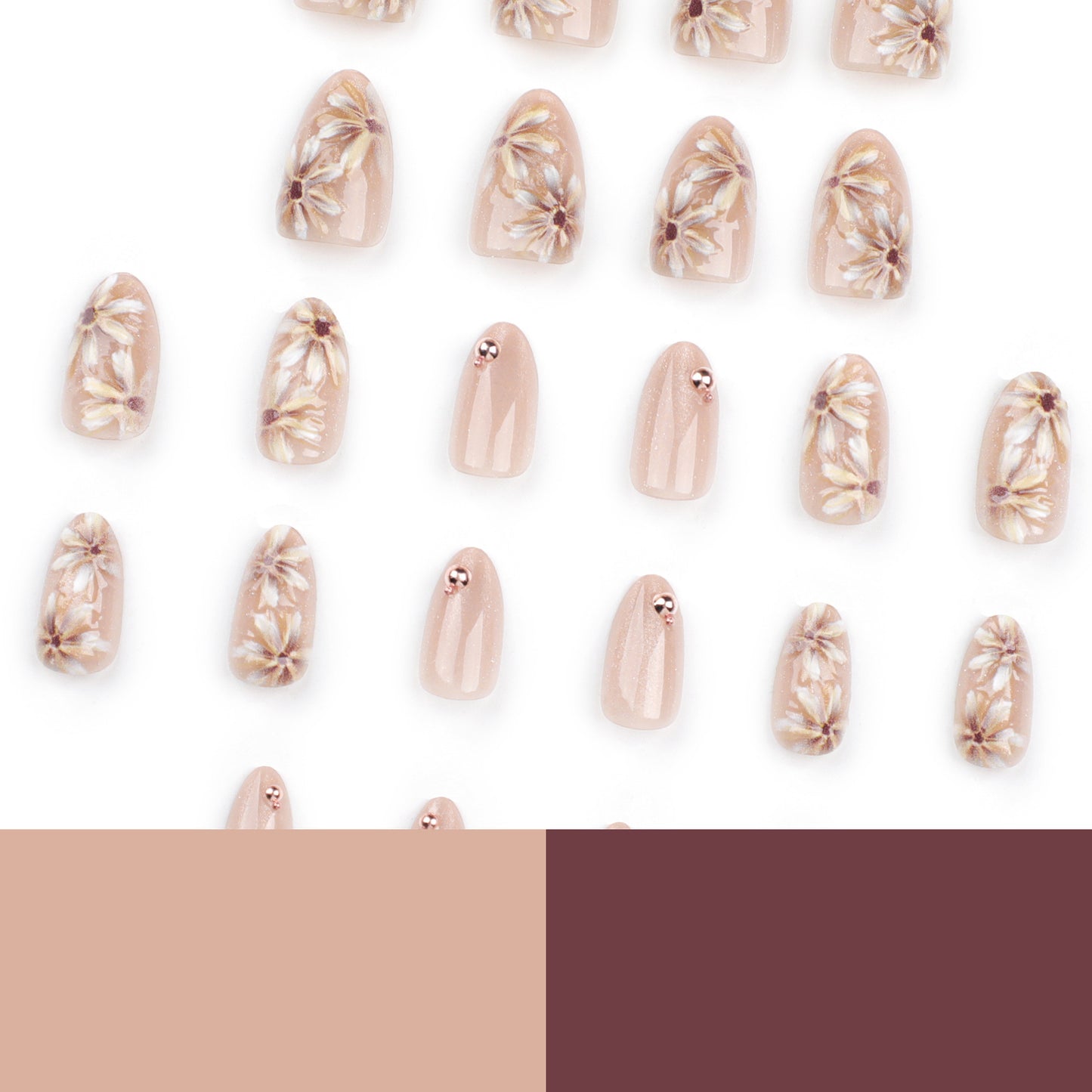 Daisy Press On Nails Nude Pink Glitter Almond Medium Short Glossy Floral Design Rose Gold Beads Full Cover Fake Nails Natural Look Reusable Acrylic Nails Kit 148