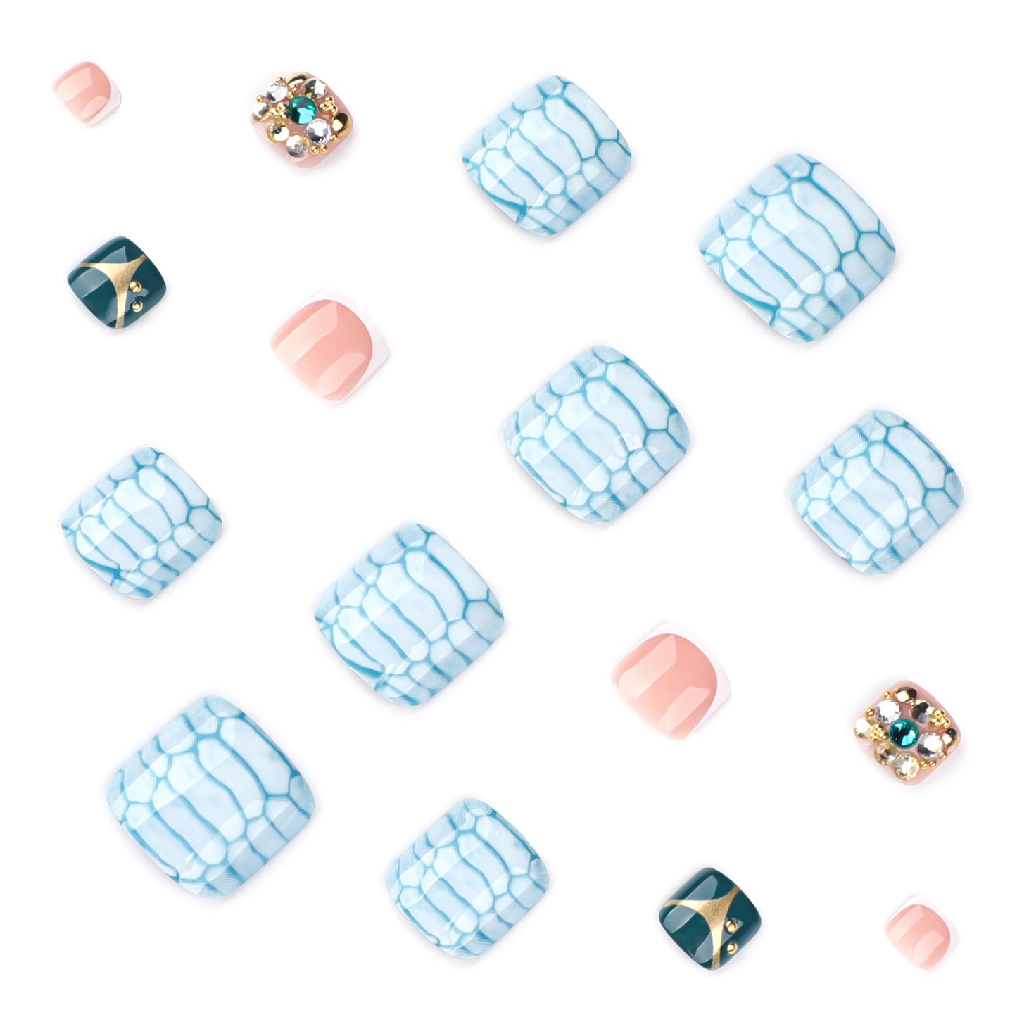 Ice Blue Snake Press On Toenails Mixed Design Nude Pink French Tip Dark Green Metallic Rhinestone Pearl Glossy Short Squoval Fake Toenails Full Cover Reusable Pedicure Nails for Vacation Beach Party 137