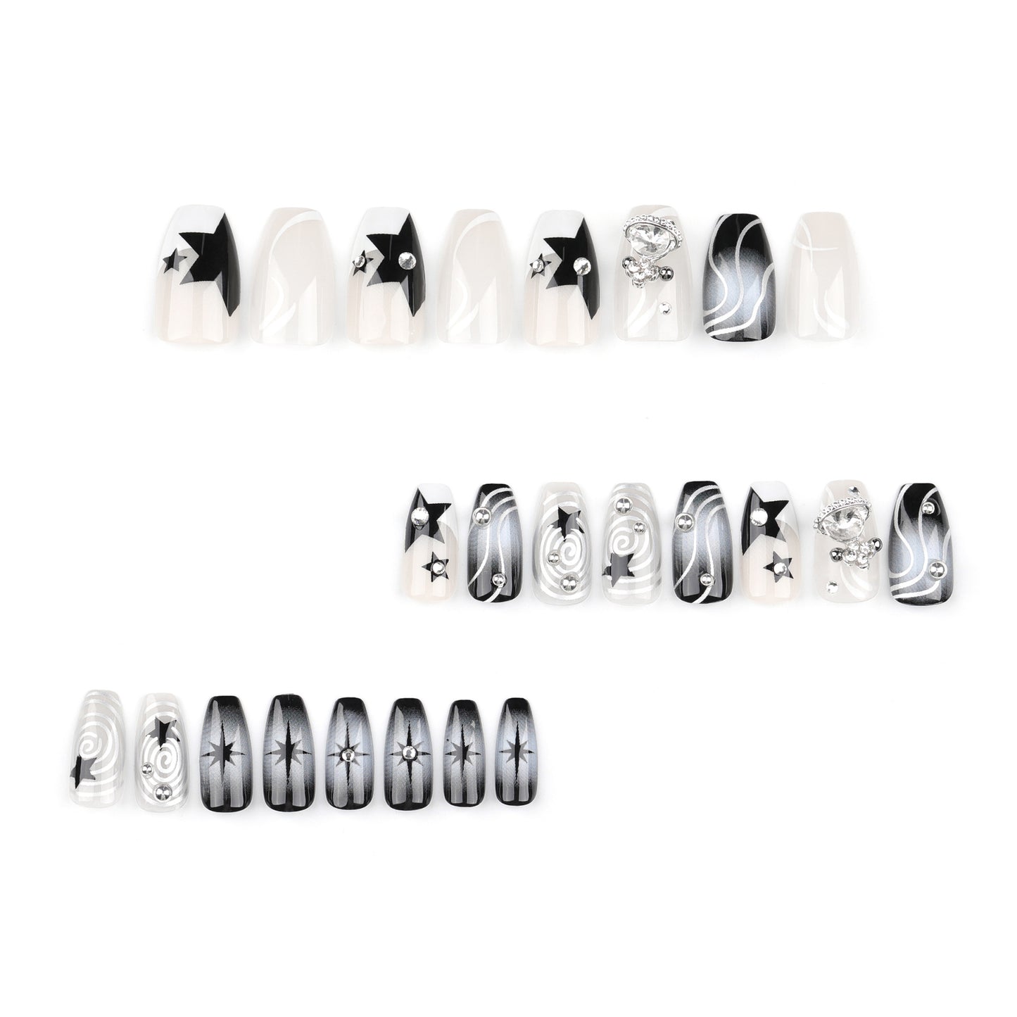 Black White Cat Eye Press On Nails Y2K Cyber Cool Style with Rhinestones Studs Star Charms Metallic Swirl Coffin Shape Glossy Reusable Full Cover False Nails Kit for Women 87