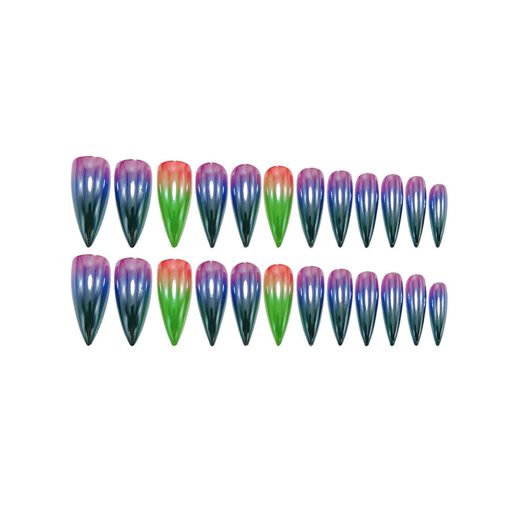 Rainbow Gradient Press On Nails Stiletto Long Colorful Acrylic Fake Nails Glossy Y2K Cyber Punk Reusable Glue On Set 55