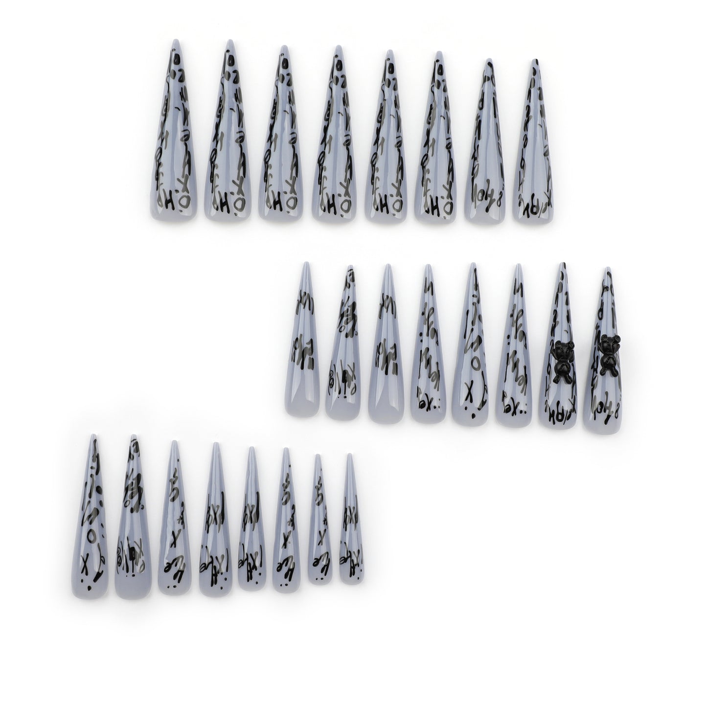 Press On Nails Y2K Graffiti Letter Black Bear Stiletto Long Fake Nails Edgy Street Style Gray Aesthetic Nails 3D Design Reusable Full Cover Stick On Nails for Women Party Festival 80