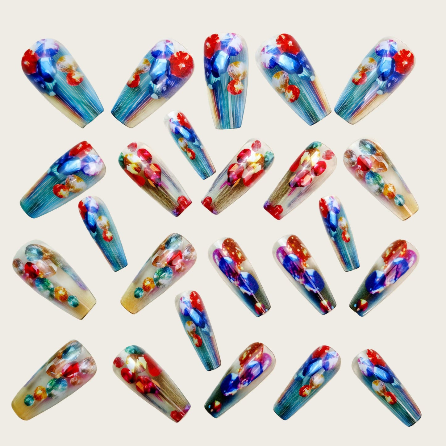 Glitter Press On Nails Rhinestone Squoval Rainbow Ombre Long Baddie Festival Nails Reusable Nail Set 26