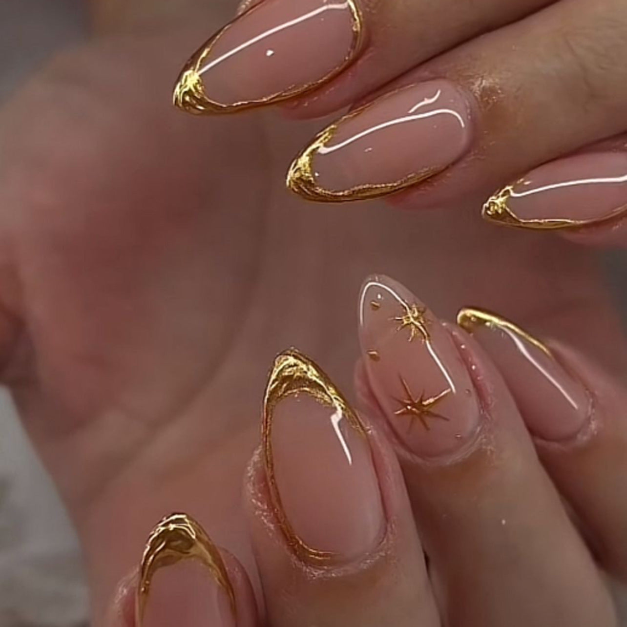Nude Pink Press-On Nails Almond Gold French Tip Star Design Reusable Glue On Fake Nails Elegant Set 45