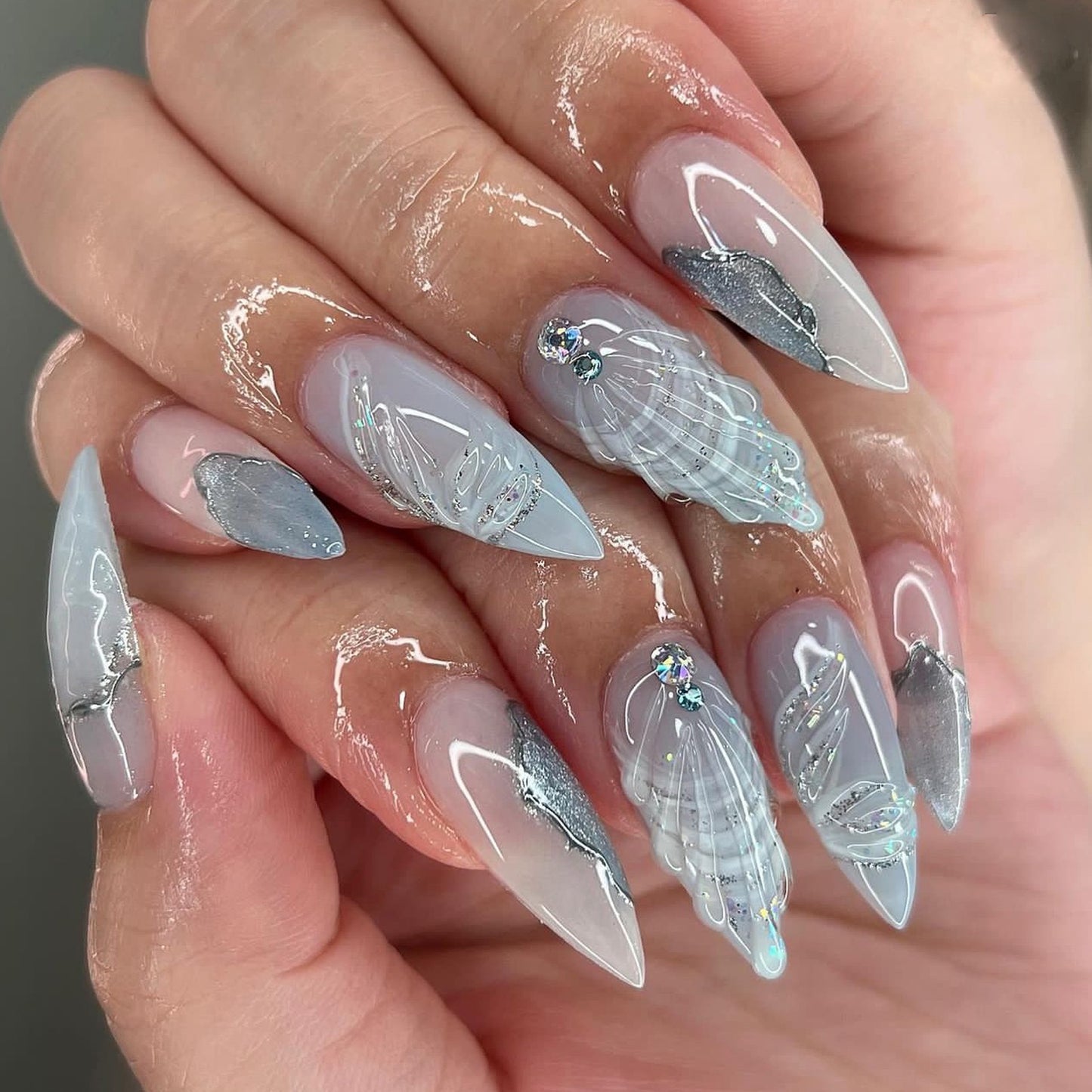 Press On Nails Blue Mermaid Tail Ocean Nails 3D Wave Rhinestone Glitter Almond Glossy Fake Nails Reusable Full Cover Stick On Nails Aesthetic Nails for Women Summer Beach Vacation 83