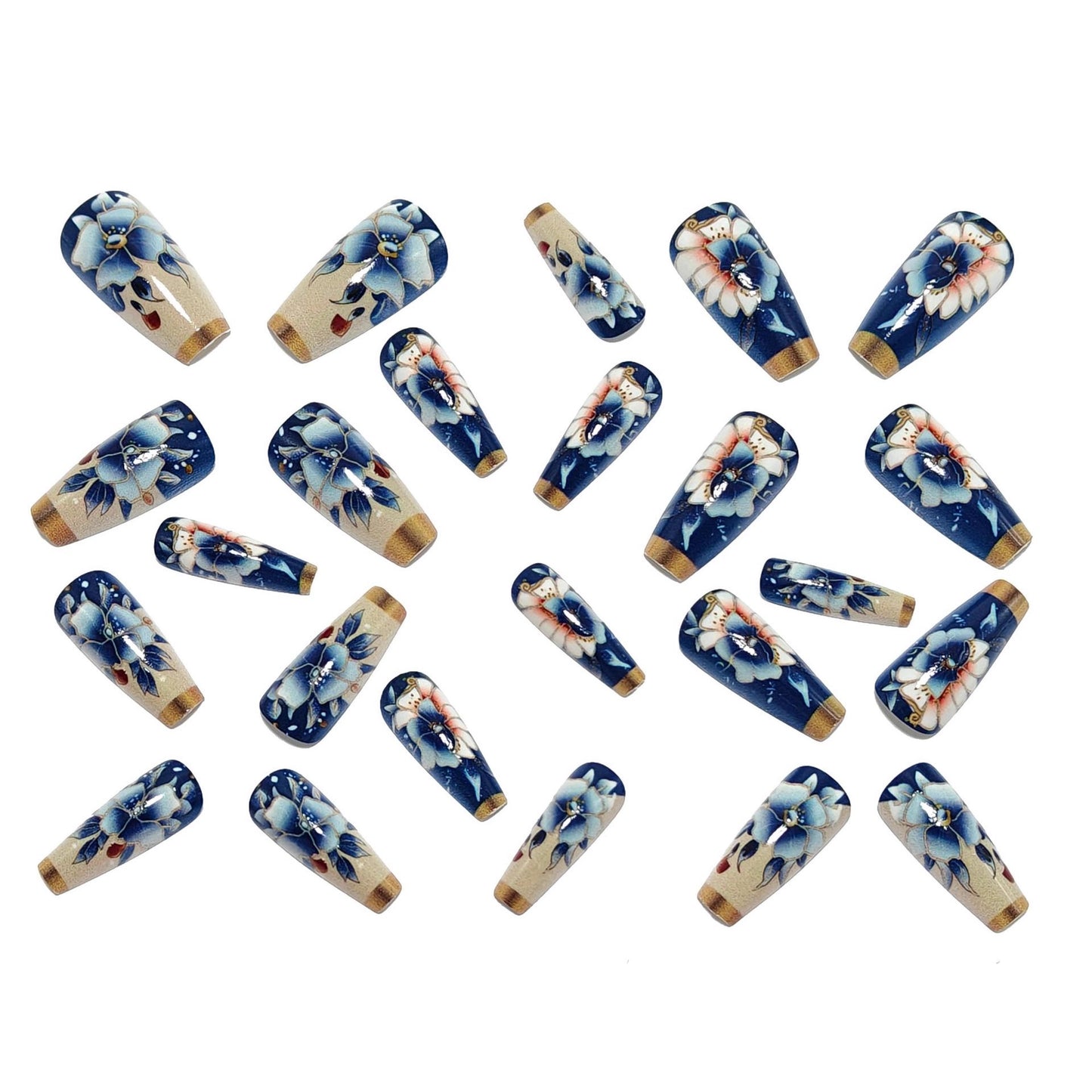 Blue Porcelain Press-On Nails Squoval Shape Chinese Floral Reusable Glue On Fake Nails Elegant Set 30
