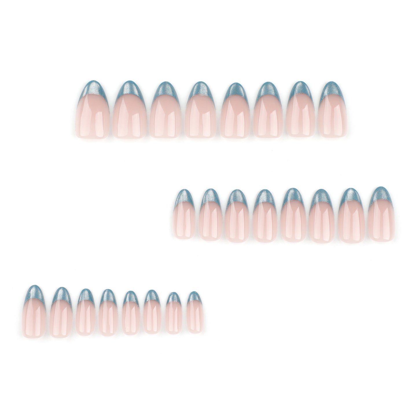 Nude Pink Press On Nails with Blue Glitter French Tips Almond Shape Glossy Minimal Luxury Design Reusable Full Cover False Nails Kit Elegant Everyday Nails 100