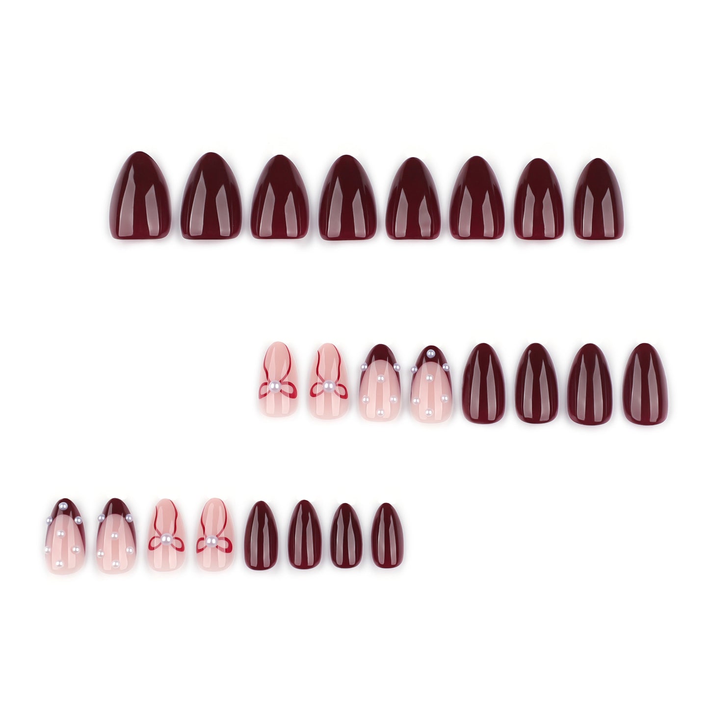 Burgundy Press On Nails with Nude Pink Accent Pearl and Bow Design Glossy Almond Shape Elegant Vintage Style Full Cover False Nails Kit Reusable 128
