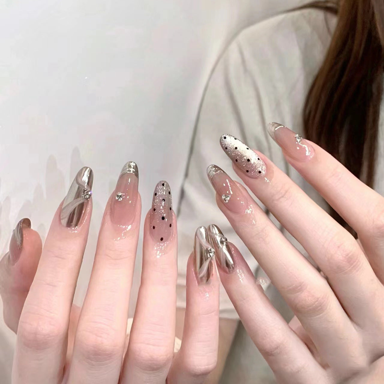 Gold French Bow Press On Nails – Long Almond Nude Nails with 3D Ribbon Bow, Black Polka Dots & Rhinestone Accent Handmade Elegant Vintage Nail Set 224