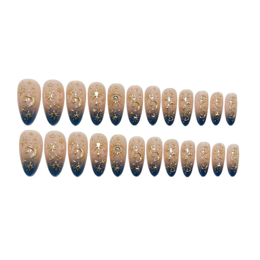 Celestial Press-On Nails Almond Shape Blue Ombre Star Moon Reusable Glue On Fake Nails Galaxy Set 33