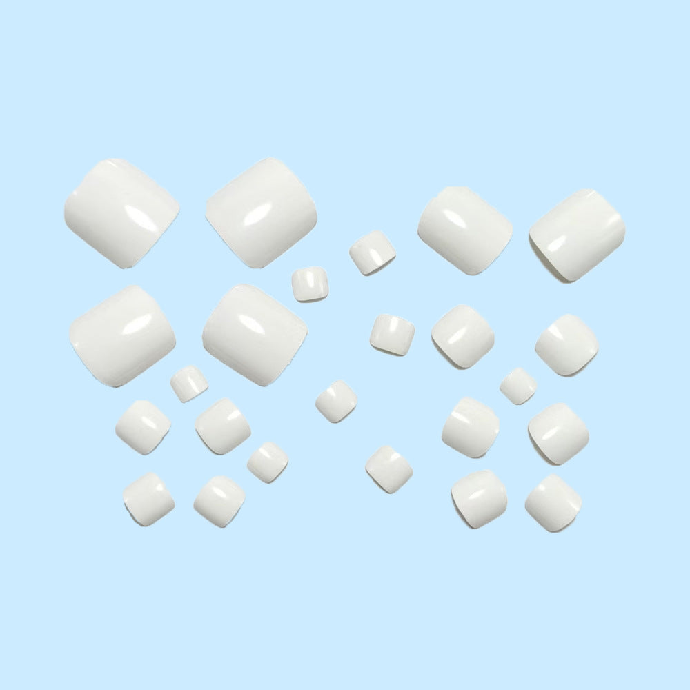 White Toe Press-On Nails Short Square Glossy Reusable Glue On Fake Toenails Natural Summer Pedicure Set 43