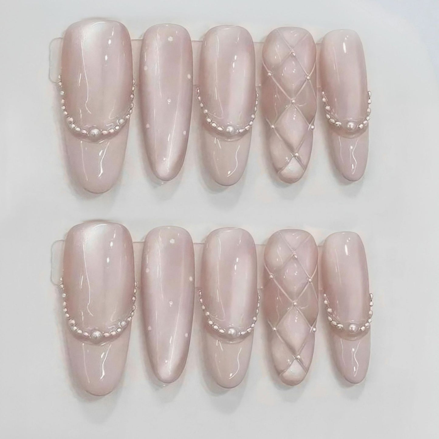 Nude Pink French Press On Nails Short Squoval – Pearl Chain Rhinestone Wedding & Daily Full Cover Set 187
