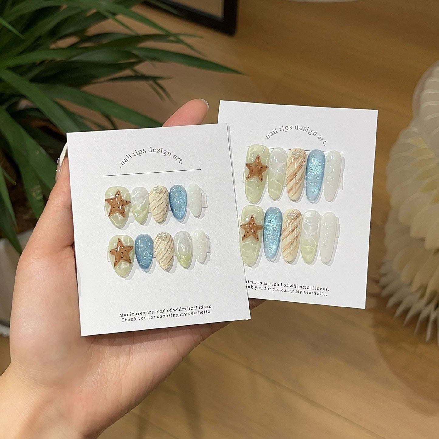 Beach Press-On Nails – 3D Starfish & Pearl Shell Almond Press-On Nails | Mermaid Aura Handmade Reusable Nail Set 237
