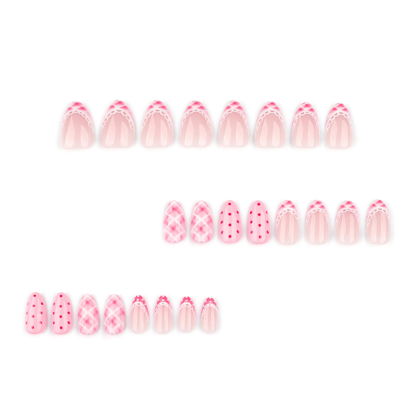 Nude Pink Press On Nails with Lace French Tip Polka Dot Argyle Design Glossy Almond Shape Cute Sweet Style Full Cover False Nails Kit Reusable 127