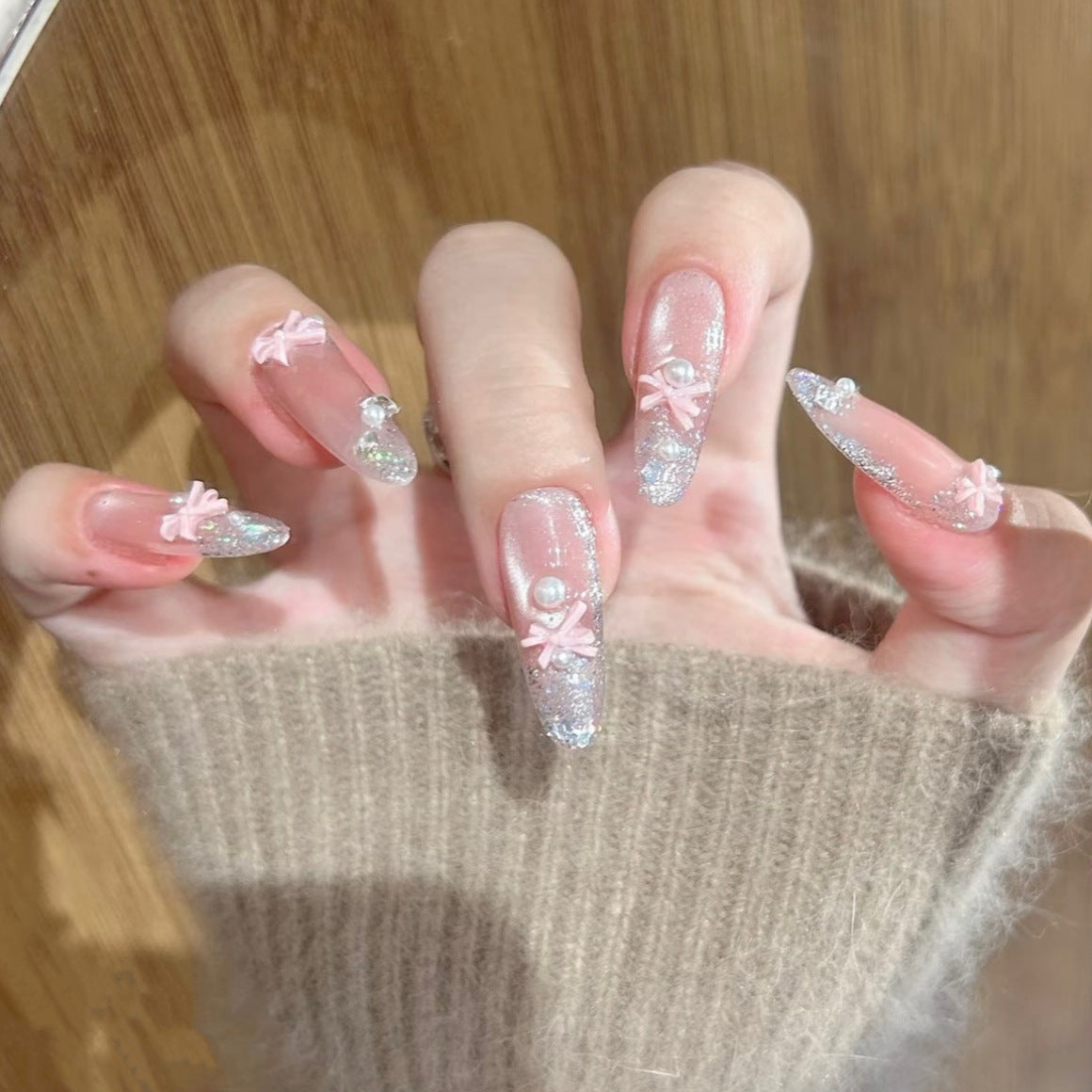 Pink Bow & Pearl Press-On Nails – Long Almond Nude Handmade Bridal Luxury Reusable Nail Set 228