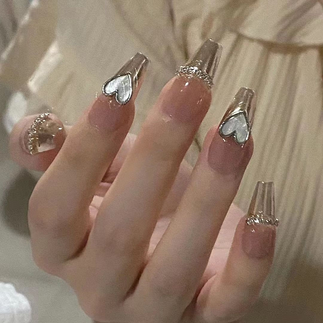 Nude Pink French Tip Press On Nails Gold Brown Glitter Heart Rhinestone Glossy Fake Nails Reusable Glue On Nail Set 58