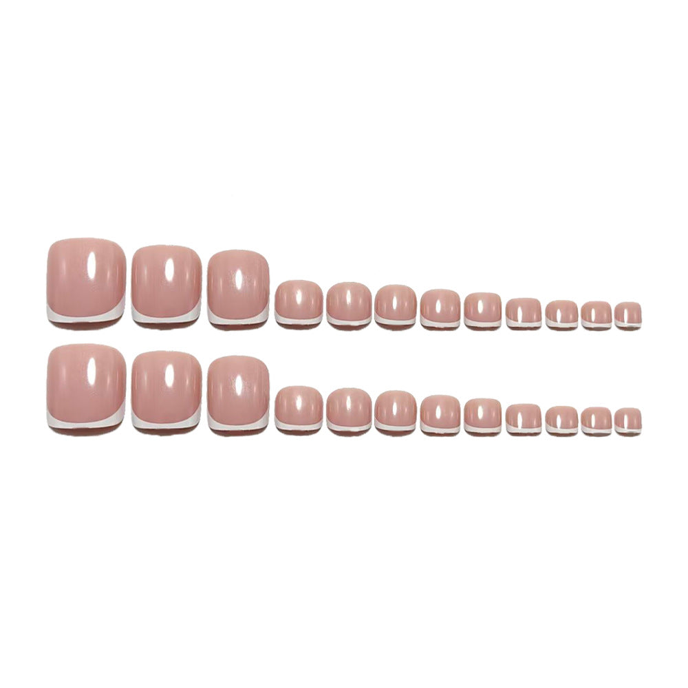 French Tip Press On Toenails Nude Pink White Short Square Glossy Fake Toenails Reusable Glue On Pedicure Nail Set 49