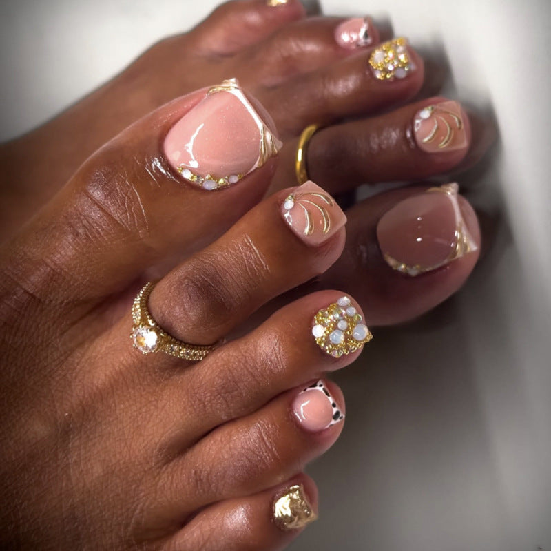 Nude Pink Press On Toenails with Rhinestones Gold Line Cow Print Mixed Design Glossy Short Squoval Shape Glam Full Cover False Toe Nails Kit Reusable 117