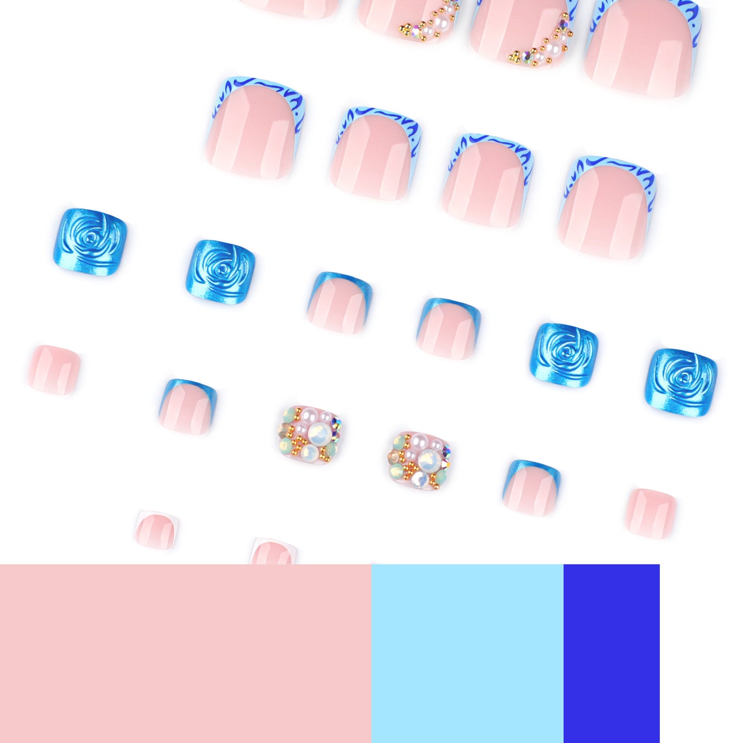 Nude Pink Press On Nails with Blue Flame 3D Rose Pearl Rhinestone Design Glossy Short Squoval Shape Luxury Romantic Full Cover False Nails Kit Reusable 130
