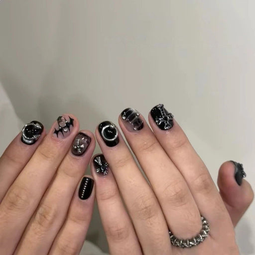 Black Grey Gothic Press On Nails Short Square Round – Smoky Marble 3D Cross & Metal Rings Pearl Accent Reusable Dark Aesthetic Nail Set 216