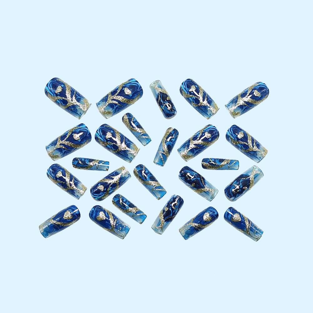 Blue Marble Press On Nails Gold Foil Glitter Tapered Square Glossy Ocean Wave Fake Nails Reusable Glue On Nail Set 57