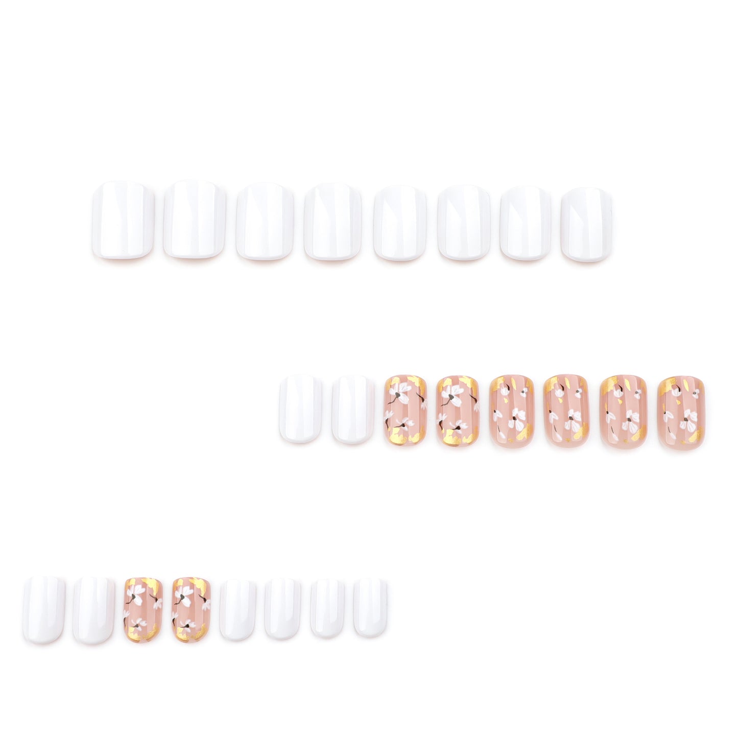 White and Nude Pink Press On Nails with Floral Design Gold Foil Accent Glossy Short Squoval Shape Minimal Elegant Full Cover False Nails Kit Reusable 114
