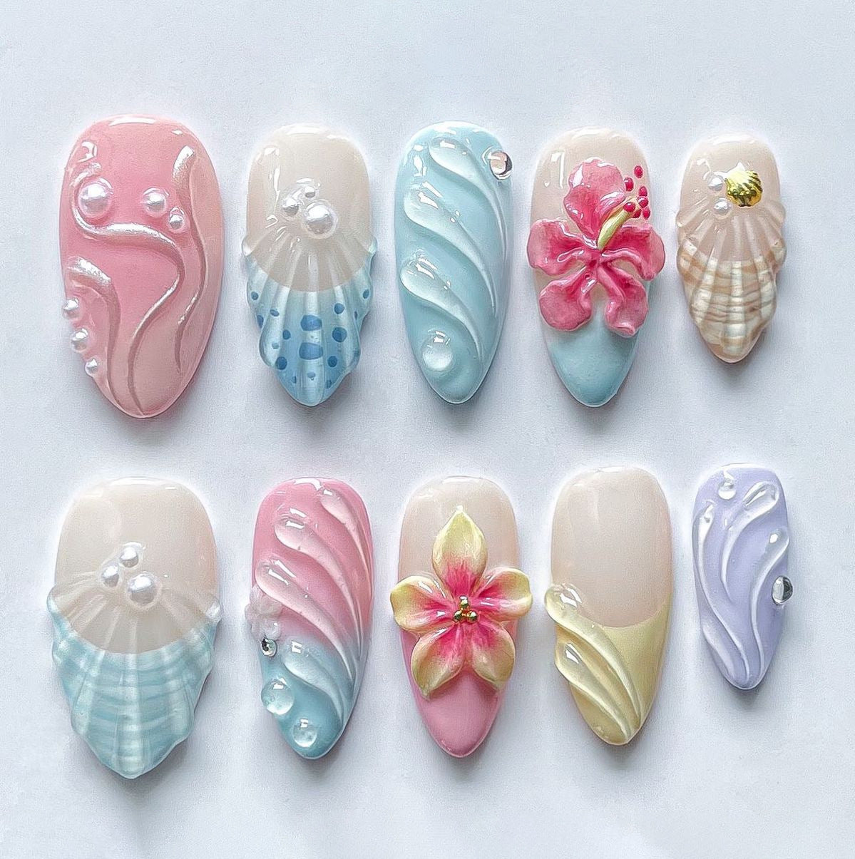 Beach Vacation Press-On Nails Almond Shape 3D Shell Wave Floral Reusable Glue On Summer Nail Set 31