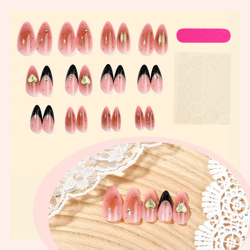 Nude Pink Press-On Nails Almond Black French Tip Star Rhinestone Reusable Glue On Fake Nails Elegant Set 46