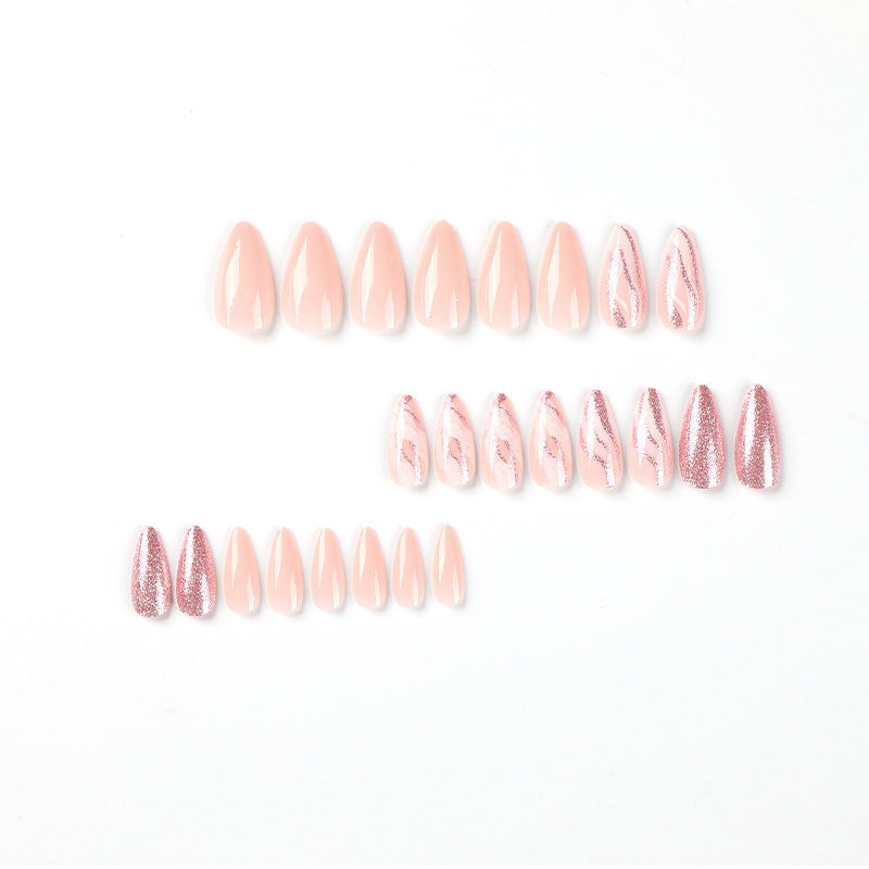 Press On Nails Nude Pink Glitter Wave Glossy Fake Nails Elegant Minimal Shiny Nails Luxury Natural Look Reusable Full Cover Stick On Nails for Women Daily Office Wedding 84
