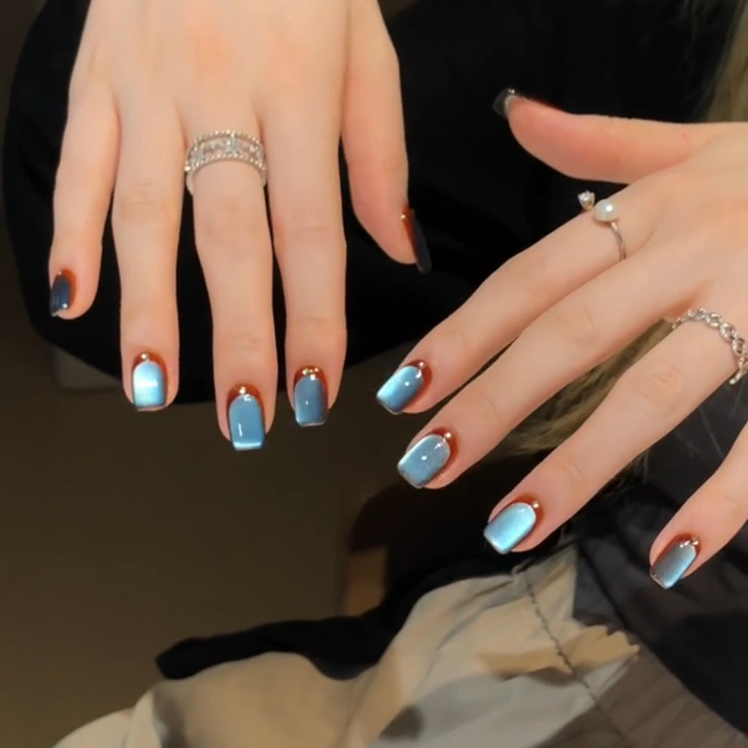 Blue Cat Eye Press-On Nails – Icy Blue Squoval Nails with Caramel Brown French Tip & Rhine 287