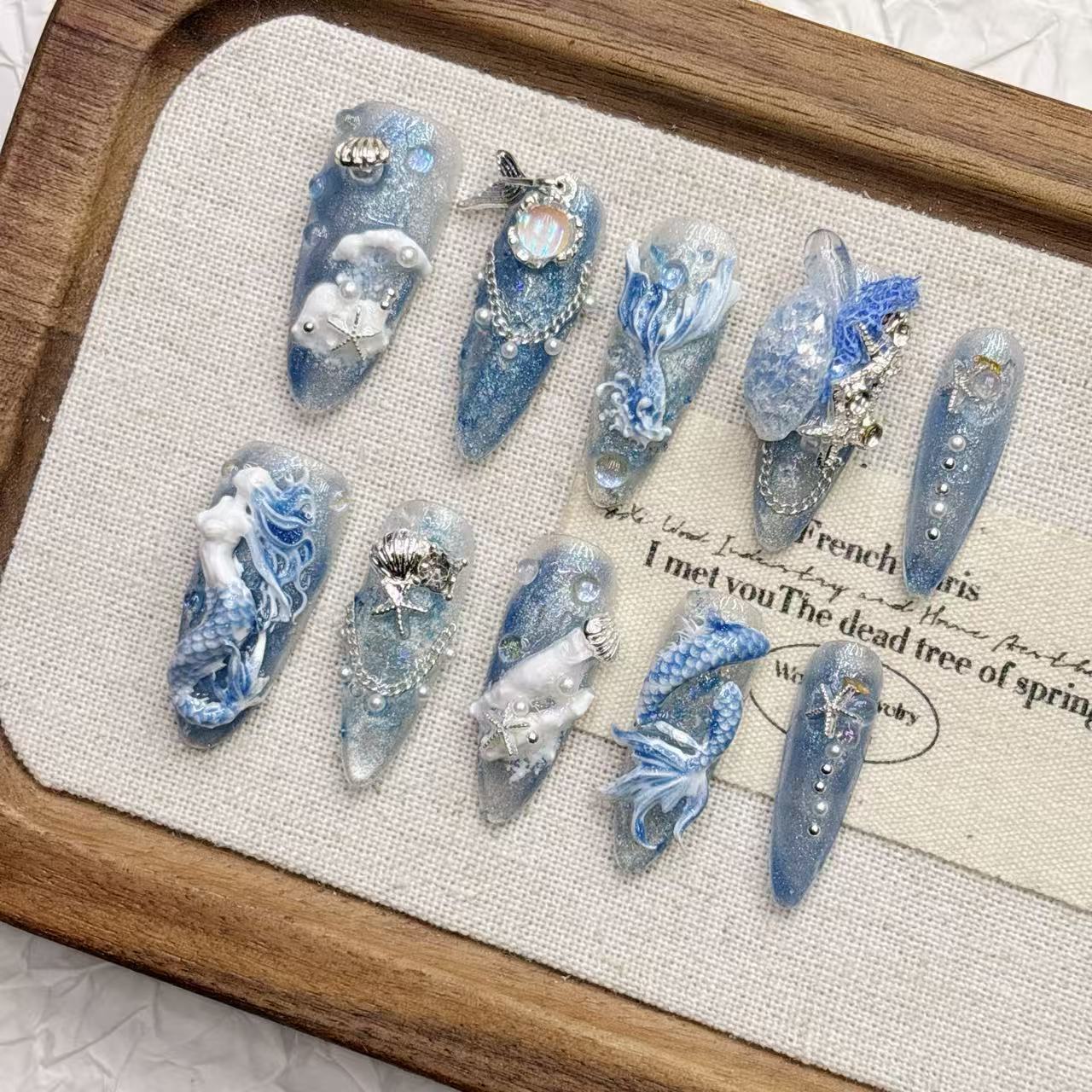 Ocean Inspired Press-On Nails – Ice Blue Silver Cat Eye Almond Nails | 3D Shell, Pearl & Ocean-Inspired Details Reusable Nail Set 254