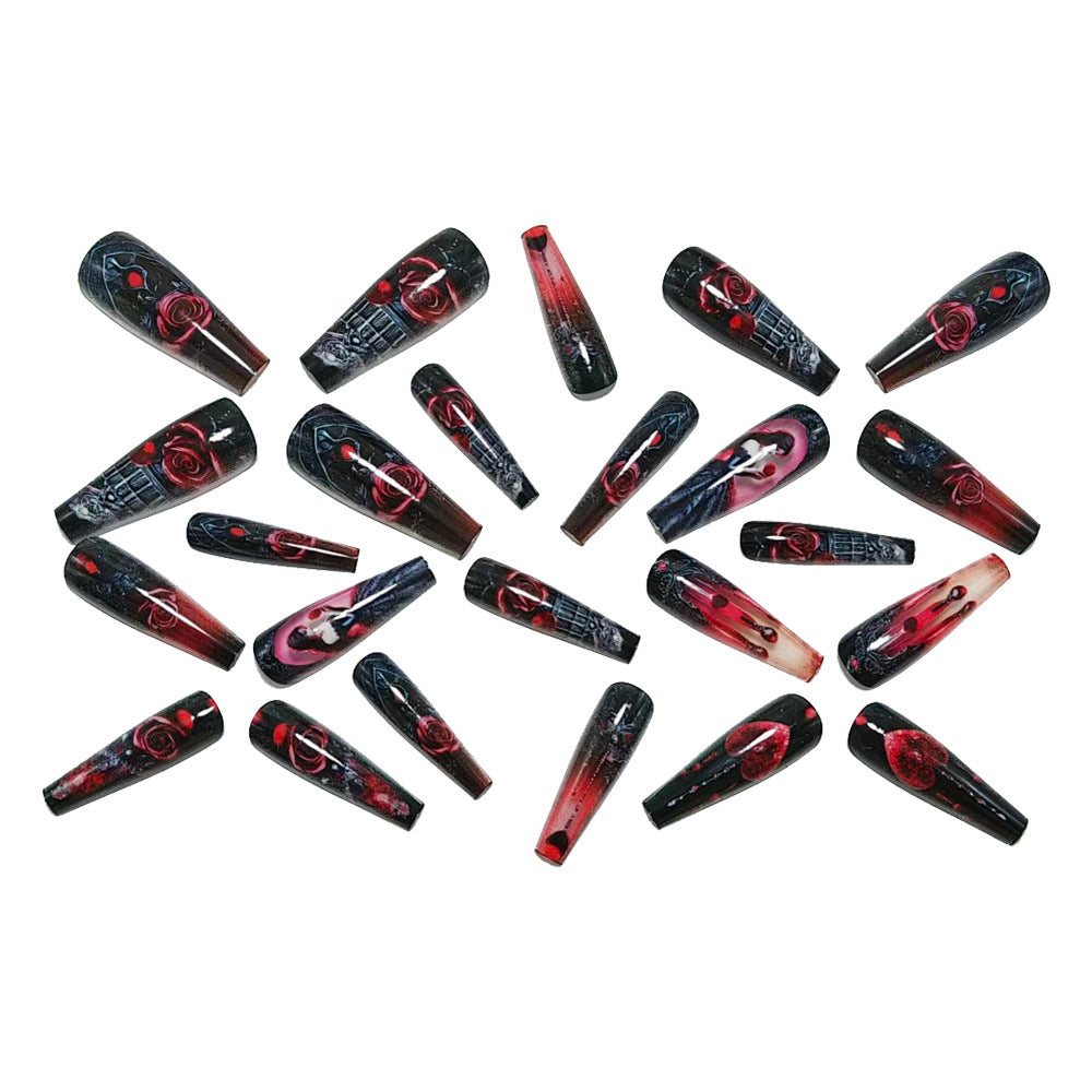 Gothic Press-On Nails Coffin Shape Black Red Rose Heart Reusable Glue On Fake Nails Y2K Dark Set 34